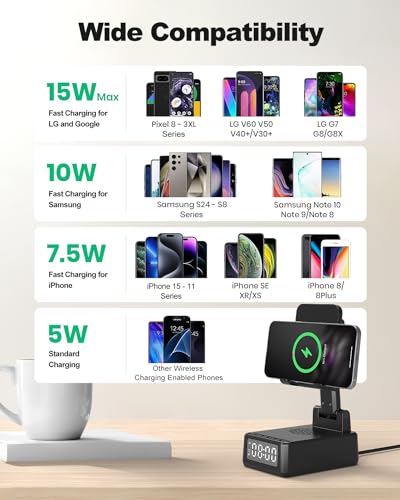 Gifts for Men Cell Phone Stand with Wireless Bluetooth Speaker and Wireless Charger, Phone Charger Stand with Digital Alarm Clock for iPhone, Birthday Gifts for Men,Boyfriend,Dad,Women,Christmas