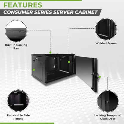 NavePoint 6U Server Rack Enclosure with Glass Door, Cooling Fan, Locks, & Removable Side Panels - 6U Wall Mount Network Cabinet 19 Inch Rack 17.7 Inches Deep - size: 6U