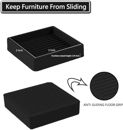 2x2 Non Slip Rubber Furniture Caster Cups for Hardwood Floors, Anti-Slip Square Furniture Coasters Pads Stopper Gripper Floor Protectors for Bed Couch Table - size: 12 Pcs Black