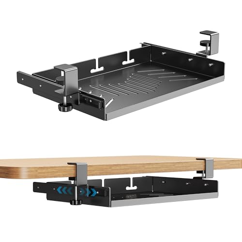 Sliding No Drill Under Desk Laptop Mount, Metal Under Desk Storage Shelf with Cable Management, Slide Out Laptop Storage Tray for MacBook, Mac Mini, Fits Office Workstations(Black with slid rail) - color: Black With Slid Rail