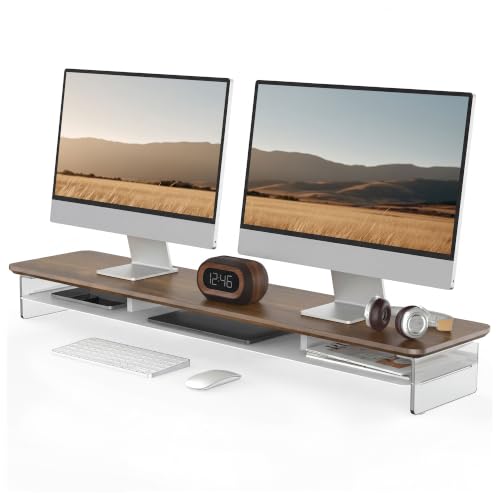 Fenge Acrylic Monitor Stand Riser, 42.5 Inches Dual Monitor Stand with Metal Storage, 2 Tier Acrylic Computer Riser for Desk, Clear Laptop Stand for PC, Laptop, Printer, TV, Brown - color: Brown, size: 42.5in