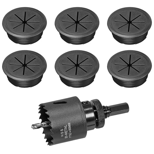 2" Black Desk Grommet, JTemgle Flexible Cable Grommet with Bi-Metal Hole Saw Plastic Cable Hole Cover Wire Organizer Caps Desktop Cord Management for Home Office TV Stands Tabletops, 7 Pieces - color: Black