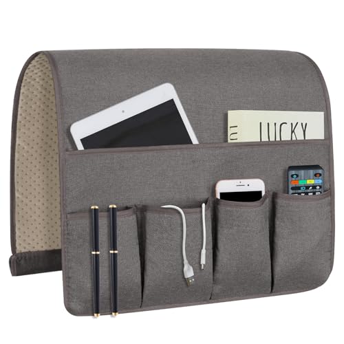 NB Sofa Armrest Organize Remote Holder Bedside Caddy Organizer With 5 Pockets，Non-Slip Couch Remote Control Holder Couch Armchair Caddy Accessories (Dark Grey, 35''X18'') - color: Dark Grey, size: 35''x18''