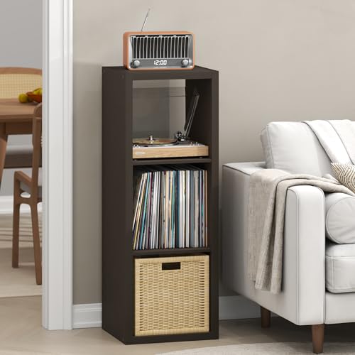 Furinno Cubicle Record Player Stand with Vinyl Storage, 3-Cube 1.2 Extra Thick Vinyl Record Storage, Open Back Media Shelf for CD DVD Blueray Game Disc, for Living Room, Home Office, Black Dark Oak - color: Black Dark Oak, size: Extra Thick, 3-Cube Standa