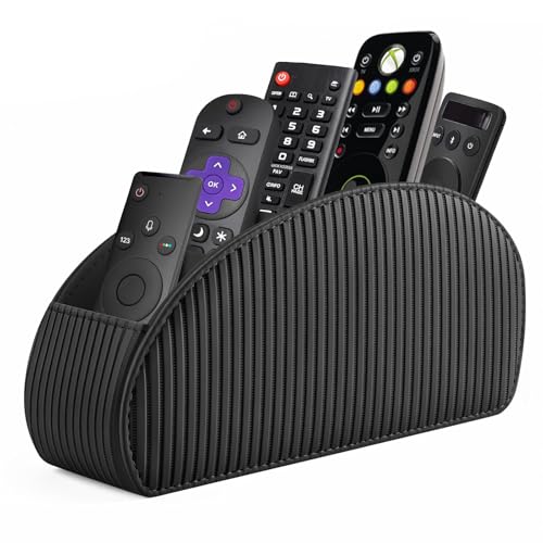 SITHON Remote Control Holder with 5 Compartments - PU Leather Remote Caddy Desktop Organizer Store TV, DVD, Blu-Ray, Media Player, Heater Controllers, Stripe Black - color: Stripe-Black, size: Small