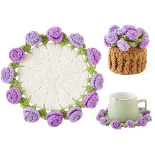 Flower Crochet Coasters, Handmade Bouquet Blanket Coaster with Crochet Plant Pot Fun Soft Decorative Drink Coasters for Coffee Tabletop Protection and Home Decor (Lavender Purple, 1Pc) - color: Lavender Purple, size: 1Pc