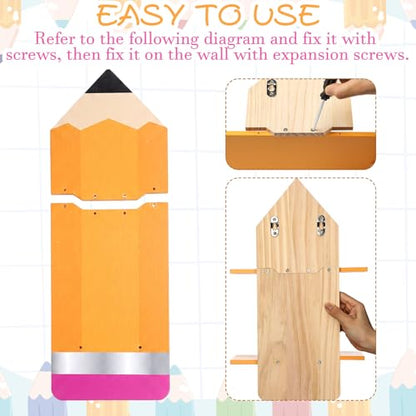 Gerrii 2 Pcs Pencil Wall Bookshelf for Classroom Pencil Classroom Decor Wooden Floating Shelves Rustic Wood Floating Shelf Back to School Party Decoration for Nursery School Daycare Storage
