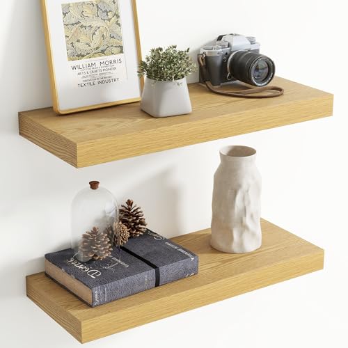 24 Inch Floating Shelves for Wall, 8 Inch Deep Floating Shelf for Storage & Display, Rustic Wall Mounted Shelf with Invisible Brackets for Living Room, Kitchen, Bathroom, Home Decor, Set of 2, Oak - color: Oak, size: 24 Inch, Set of 2