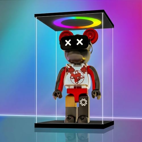 LANSCOERY Acrylic Display Case 9.8x7.9x15.8 in, 10mm Base, RGB Ring Light, 3mm Clear Panels, Front Door for Action Figures and Models - size: 9.8x7.9x15.8inch; 25x20x40cm