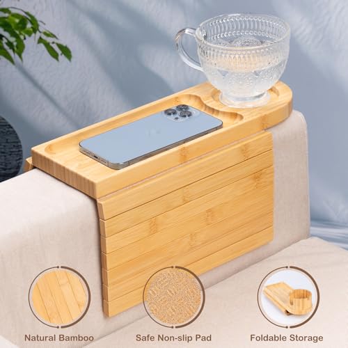Couch Cup Holder Tray for Armrests Over 4.9" Wide, Bamboo Couch Arm Tray with 360° Rotating Phone Stand, 3 in 1 Foldable Sofa Arm Tray Table for Remote, Snacks, Phone, Drinks Natural - color: Natural Colors+bamboo