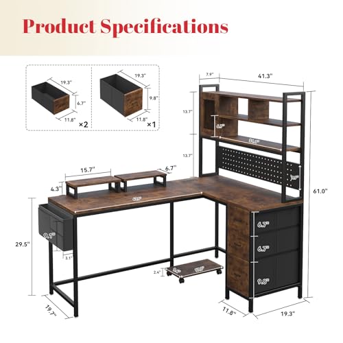 Corner L-Shaped Desk with 3 Storage Drawers, Computer Desk with Power Outlet & Pegboard, Gaming Table with Shelves and LED, Monitor Shelf and Side Storage Bag for Study Room, Rustic Brown - color: Brown
