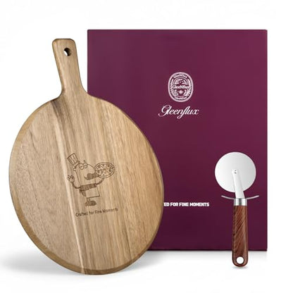 12" Acacia Wood Pizza Board & Cutting Board Set with Pizza Cutter, Round Wooden Serving Tray/Charcuterie Platter for Cheese, Appetizers & Entertaining, Rustic Housewarming Gift - size: 12 inch