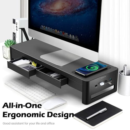 meatanty 3 In 1 Monitor Stand Riser with 2 Drawers,1 Wireless Charging Module and 4 USB Ports,Metal Computer Stand Support Transfer Data & Charging,Desk Organizer for PC,iMac (21 inches) - size: Large