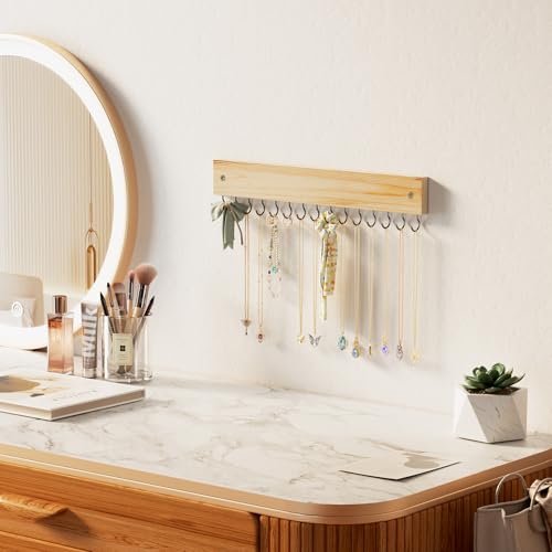 Lolalet Wooden Necklace Holder for Wall with 15 Hooks, Necklaces Hanger Easy Install Wall Mount Necklace Organizer, Jewelry Hangers for Chains, Bracelets, Earrings -Nature - color: Nature