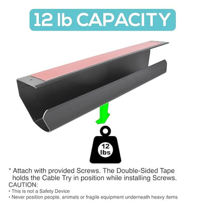 Cable Management Tray, Under-Desk, On-Wall or Side-of-Desk, 17x4x2.4”, 2-PK, Hide & Organize Your Cables, Power Supplies and Power Strips, Bonus 10-Pk Cable Ties