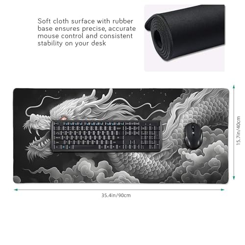 Extended Gaming Mouse Pad with Dragon Design, 35.4 x 15.7 Inches, Non-Slip Rubber Base, Stitched Edges, Rectangular Desk Mat - color: Dragon