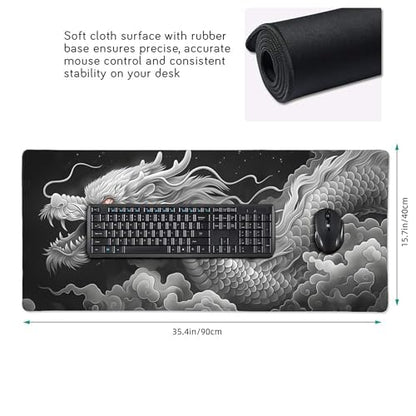 Extended Gaming Mouse Pad with Dragon Design, 35.4 x 15.7 Inches, Non-Slip Rubber Base, Stitched Edges, Rectangular Desk Mat - color: Dragon