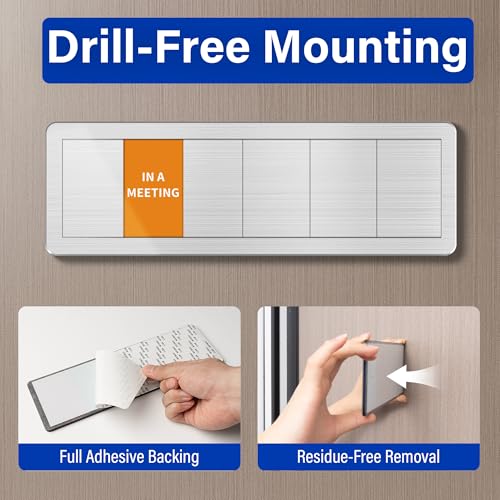 Office Door Signs with 6 Printed Status Options – Do Not Disturb, Out of Office, In a Meeting, Please Knock, Back Soon, Come on in – Includes Custom Personalized Blank Sticker for Privacy Workspace or Studio Available and Away - style: Brushed Silver-Come