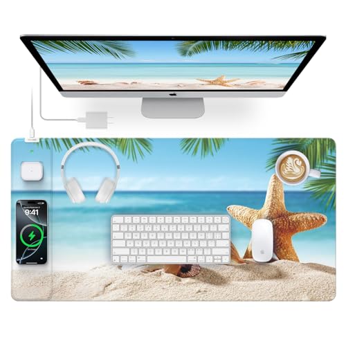 Wireless Charging Mouse Pad, 31.5"x15.8" Large Gaming Desk Mat for Keyboard/Laptop, Waterproof Ultra-Smooth Surface, Non-Slip Base, with 20W PD Adapter, Summer Beach - color: Summer Beach-31.5"x15.8"(with Wall Charger)
