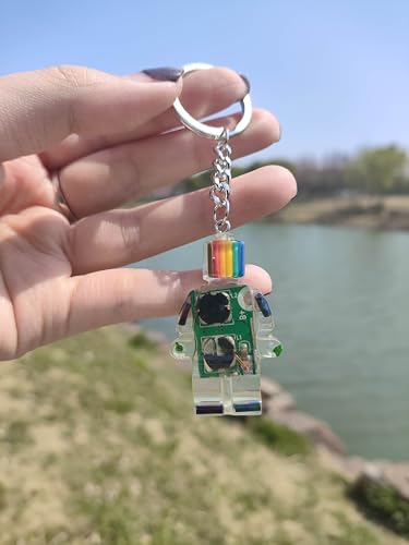 Upcycled Circuit Board Robot Keychain, Handmade Real PCB Resin Charm, Unique Cyberpunk Gift for IT - color: Green