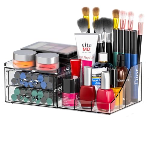 Acrylic Small Makeup Organizer with Drawers,Clear Skincare Organizer for Vanity,Dresser,Bathroom Countertop,Cute Cosmetic Organizer for Lip Gloss,Makeup Brush,Beauty,Skin Care and Cosmetic Storage - size: 2 Drawers-Set of 1