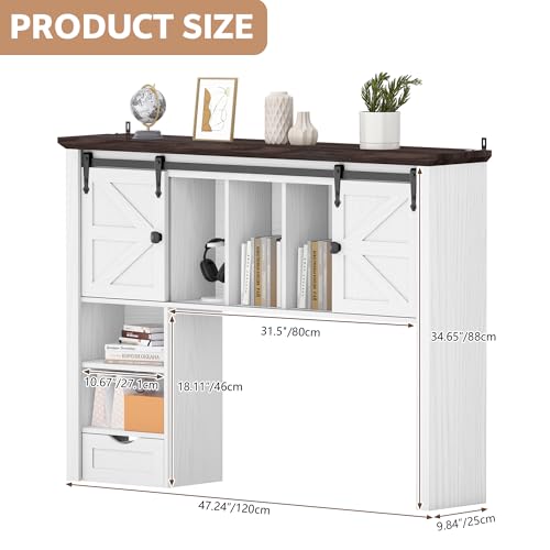 Large Desktop Bookshelf with Sliding Barn Door, 47.2''W Desk Shelf Display Rack, Desktop Organizer Storage Rack with 7 Cubbies and Drawer, Home, Desk Shelf for Office, Dorm, Vanity, White - color: White, size: 47.2"W