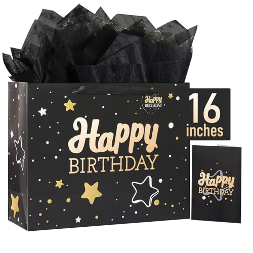 16" Black Happy Birthday Gift Bag with Tissue Paper and Greeting Card for Party,Happy Birthday Gift Bag for Men Women,Gift Bags Extra Large(1 PCS Black Hot Stamping) - color: 1 PCS Black Gift Bag, size: Extra Large