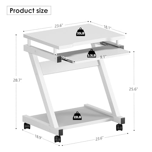 sogesfurniture Mobile Computer Desk Small Rolling Office Table Workstation with Printer Shelf and Keyboard Tray, Space-Saving Computer Desk with Storage Shelf for Home and Office (White) - color: White