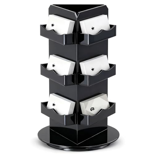 Pinkunn Black Rotating Display Stand, 3 Tier Acrylic Sticker Display Stand, Spinning Business Card Holder, Brochure Appointment Cards Rotating Holder for Office Home Vendors Desk, 5.9 x 9.8 Inch