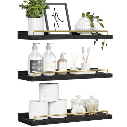 RYOFOBETTO Floating Shelves for Wall Decor, Black and Gold Shelves for Bathroom, Living Room, Bedroom, Picture Frames, Plants, Kitchen (Set of 3) - color: Black and Gold, size: 16"