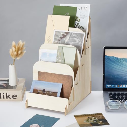 AHANDMAKER 4 Tier Greeting Card Display Stand, Wooden Multi Purpose Portable Sticker Stationery Organizer Counter Retail Rack for Vendors Art Print Craft Market Table Display Showcase