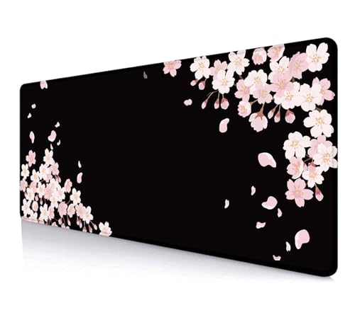 IMAYONDIA Sakura Japanese Desk Mat, Cherry Blossom Large Gaming Mouse Pad, Black Elegant Floral Mousepad for Women, Minimalistic Flower Aesthetic Desk Pad for Work, Game, Office, 31.5x11.8 - color: Sakura Aesthetic