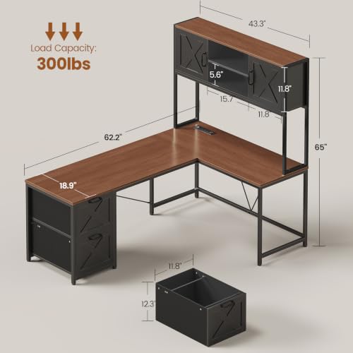 SEDETA L Shaped Gaming Desk, Reversible Computer Desk with Fabric Drawers and Power Outlet, Gaming Desk with Led Lights, Hutch and Storage Shelf for Home Office (Black and Brown) - color: Black and Brown
