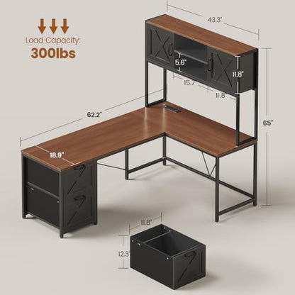 SEDETA L Shaped Gaming Desk, Reversible Computer Desk with Fabric Drawers and Power Outlet, Gaming Desk with Led Lights, Hutch and Storage Shelf for Home Office (Black and Brown) - color: Black and Brown