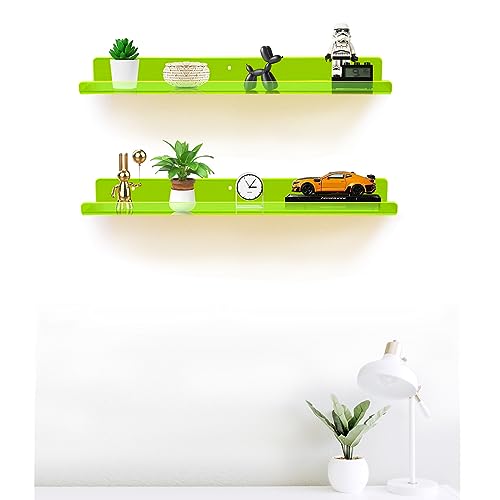 ROYALITA 24 Inches Acrylic Floating Book Shelves Wall Mounted Set of 2, Wall Hanging Plant Display Shelves, Room Decor Floating Wall Shelves for Gaming Room, Bedroom, Living Room, Office, Gree - color: Neon Green, size: 24 Inch