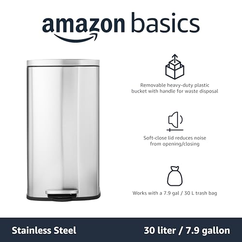 Amazon Basics MEDIUM Trash Can, 7.9 Gallon (30L), Smudge Resistant Rectangular Bin with Soft-Close Lid, Step Foot Pedal, Removable Inner Bucket, Brushed Stainless Steel, Satin Nickel Finish - size: Middle, 30L/7.9 Gal