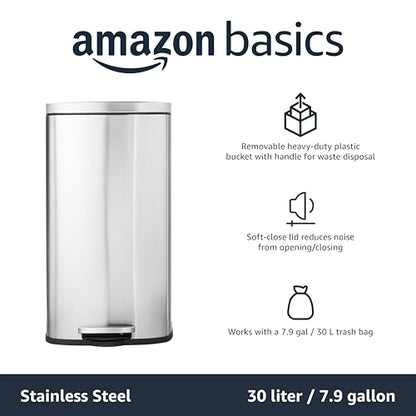 Amazon Basics MEDIUM Trash Can, 7.9 Gallon (30L), Smudge Resistant Rectangular Bin with Soft-Close Lid, Step Foot Pedal, Removable Inner Bucket, Brushed Stainless Steel, Satin Nickel Finish - size: Middle, 30L/7.9 Gal