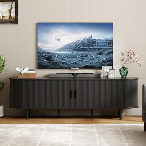 ONBRILL 70.8" TV Stand with Power Outlet for TVs up to 75 Inch, Entertainment Center with Storage and Adjustable Shelves, Modern Media Console with Sliding Doors for Living Room, Black - color: Black, size: 70.8 Inch
