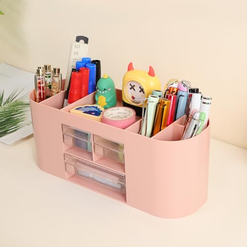 INSTOME Pencil Pen Holder for Desk with 3 Drawers - All-In-One Desk Organizer - Perfect Desk Accessories for Office Use - Stylish & Convenient Desk Organizers and Accessories (Pink) - color: Pink