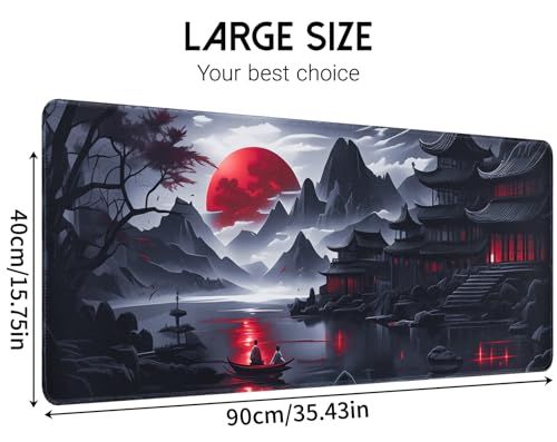 FreeNook Black Mouse Pad Gaming Keyboard Pad 35.4 x 15.7 in Computer Mouse Pad Anime Gaming Mousepad, Expanded Architecture Cool Desk Pad, Japanese Red Moon Large MousePads Suitable for Home Office - color: RedMoon, size: 35.4L x 15.7W inches
