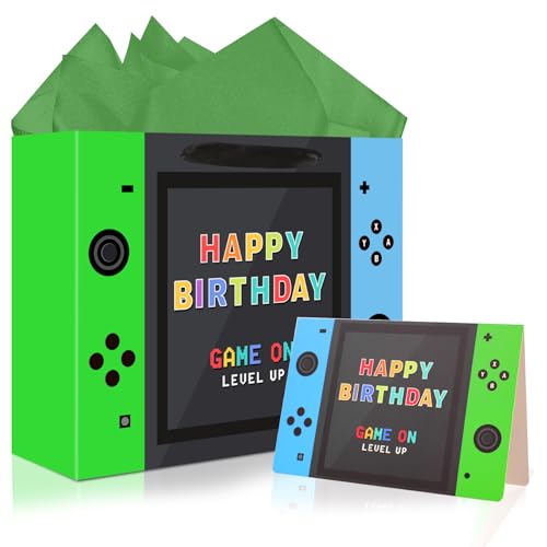 Video Game Birthday Gift Bags, 13 inch Large, with Tissue Paper and Card