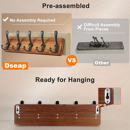 Dseap Coat Rack Wall Mounted - 5 Tri Hooks, Heavy Duty, Wooden Wall Coat Hanger Coat Hook for Clothes Hat Jacket Clothing, Black - color: Black, size: L=17.4"