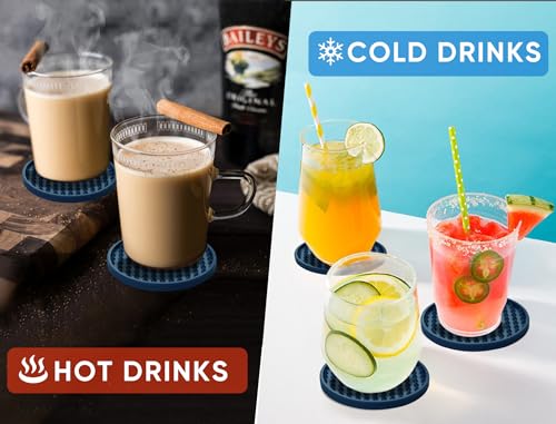Coasters for Drinks 6 Pcs Drink Coaster with Holder,Heat Resistant Silicone Cup Mat Tabletop Protection,Non-Slip Rubber Coasters for Kinds of Cups (Blue) - color: Blue-plastic Holder