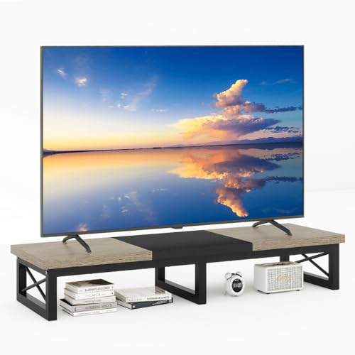 IBUYKE 45" Large TV Riser for 32-60 inch TV,Tabletop Short TV Stand with Storage and Steel Legs,Dual Screen Office Desk,Stand Riser,TV Riser Stand for Home,Bedroom,Living Room,Greige Black TVT002YB - color: Greige Black