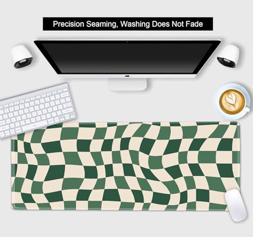 Sage Green Checkered Desk mat, Retro Boho Extra Large Mouse Pad, Abstract Wavy Desk Protector Pad, Minimal Pattern Aesthetic Writing Mat for Computer & Laptop Home Office, 31.5 X 11.8 in - color: Green Checkered