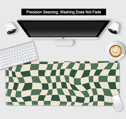 Sage Green Checkered Desk mat, Retro Boho Extra Large Mouse Pad, Abstract Wavy Desk Protector Pad, Minimal Pattern Aesthetic Writing Mat for Computer & Laptop Home Office, 31.5 X 11.8 in - color: Green Checkered