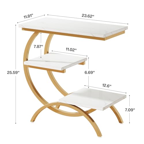 Tribesigns C-Shaped End Table, Industrial 3-Tier Small Side Table for Couch, Wood Bedside Table Snack Side Table with Storage Shelves for Living Room Small Space, White Gold - color: White Gold