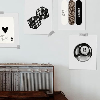 YUISLE Trendy Black and White Wall Art Posters, Leopard Preppy Room Decor, Aesthetic Dice Poster Prints for Teen Girl's Dorm Bedroom, 8x10 Inch, 4 PCS(Unframed)