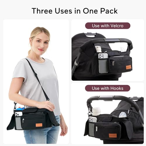 Momcozy Universal Stroller Organizer with Insulated Cup Holder Detachable Phone Bag & Shoulder Strap, Fits for Stroller Like Uppababy, Baby Jogger, Britax, BOB, Umbrella and Pet Stroller - color: Black