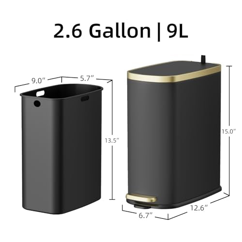 KUK Small Bathroom Trash Can with Lid Soft Close, Step Pedal, 2.6 Gal Stainless Steel Garbage Can with Removable Inner Bucket, Anti-Fingerprint Wastebasket for Office, Bedroom, Toilet (Black) - color: Matt Black-J-P
